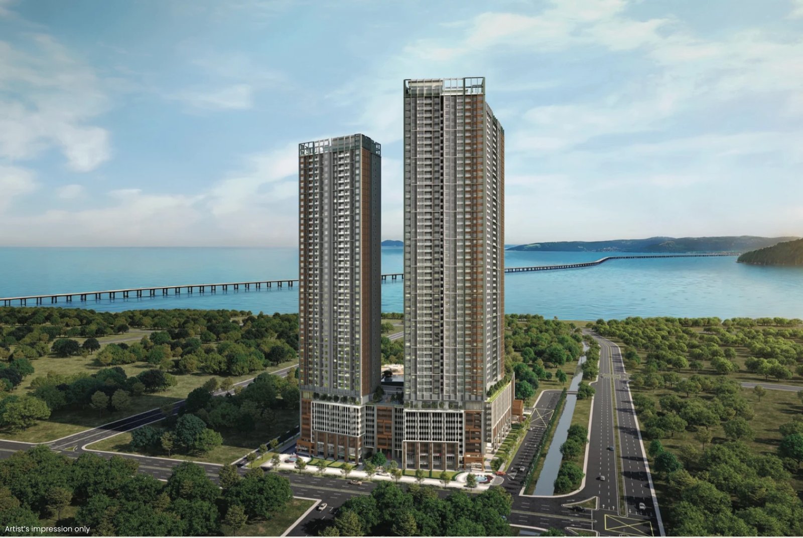 Andabreeze Residences twin towers with the sea and the Penang Second Bridge behind, artist's impression
