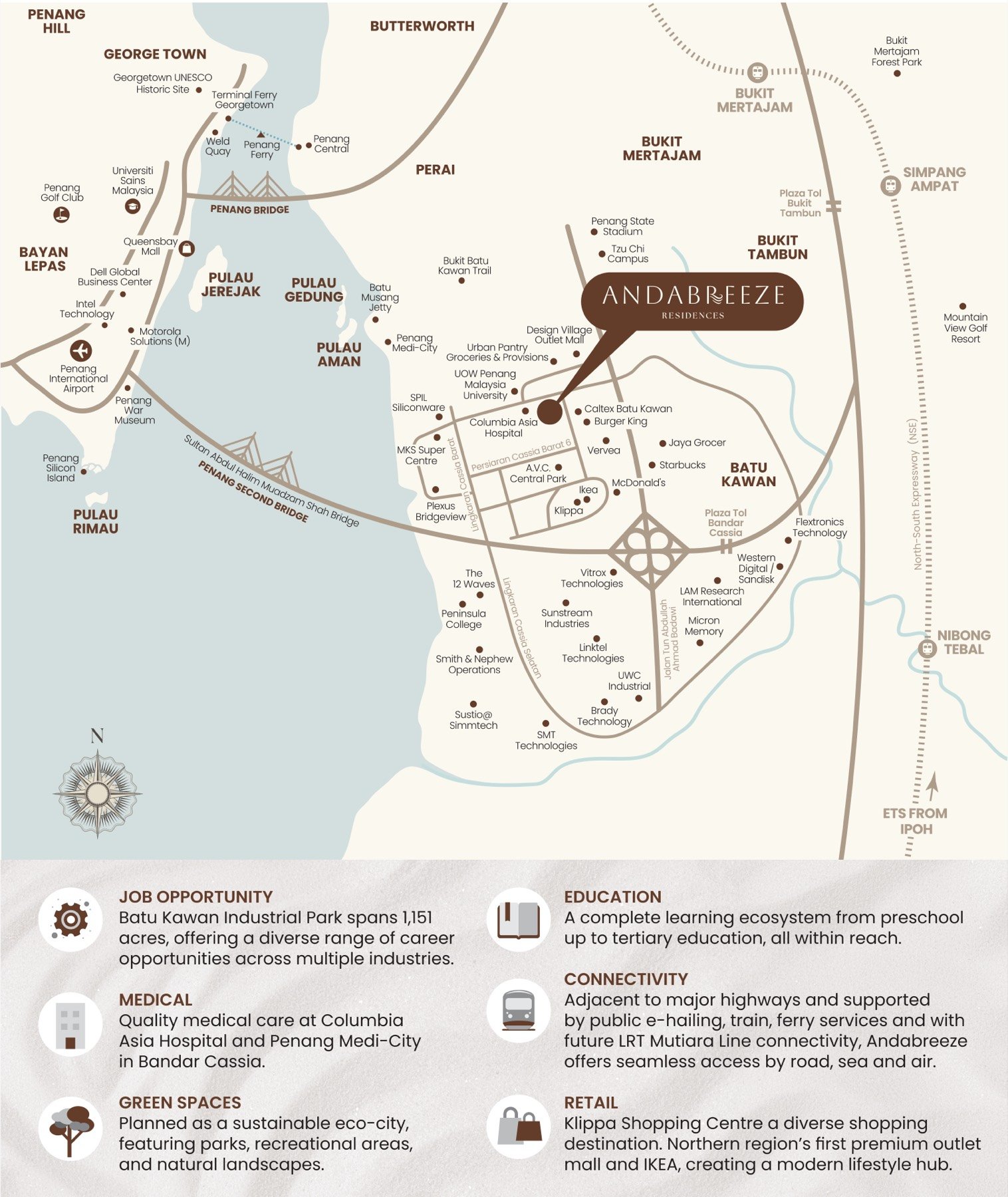 Location map of Andabreeze Residences and its surroundings in Batu Kawan