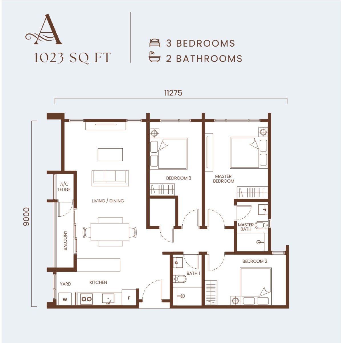 Andabreeze Residences Type A floor plan, 1,023 sq.ft