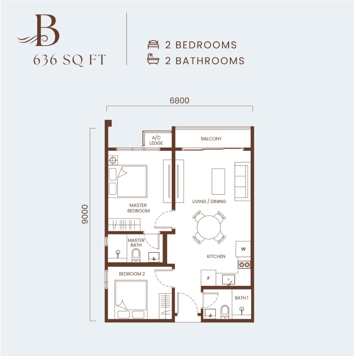 Andabreeze Residences Type B floor plan, 636 sq.ft