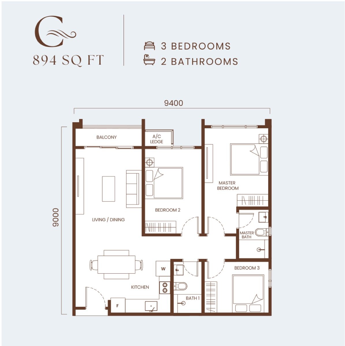 Andabreeze Residences Type C floor plan, 894 sq.ft