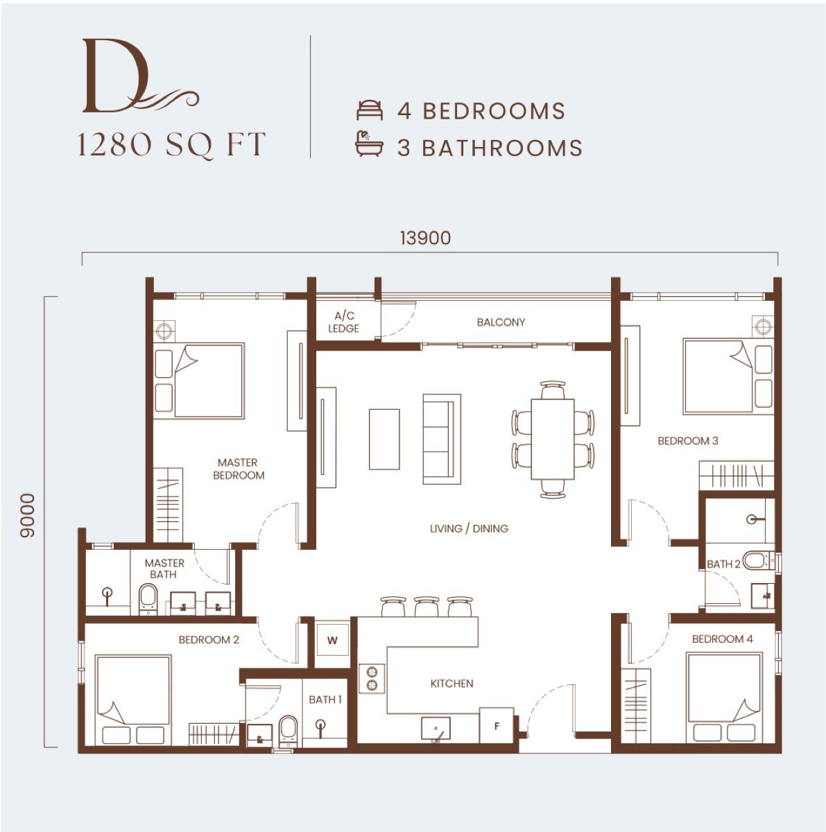 Andabreeze Residences Type D floor plan, 1,280 sq.ft